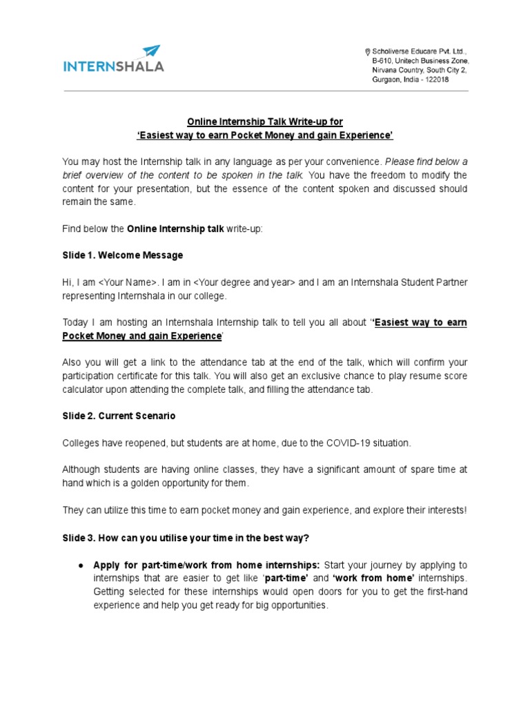 Earning Pocket Money Through Internships | PDF | Internship | Job Hunting
