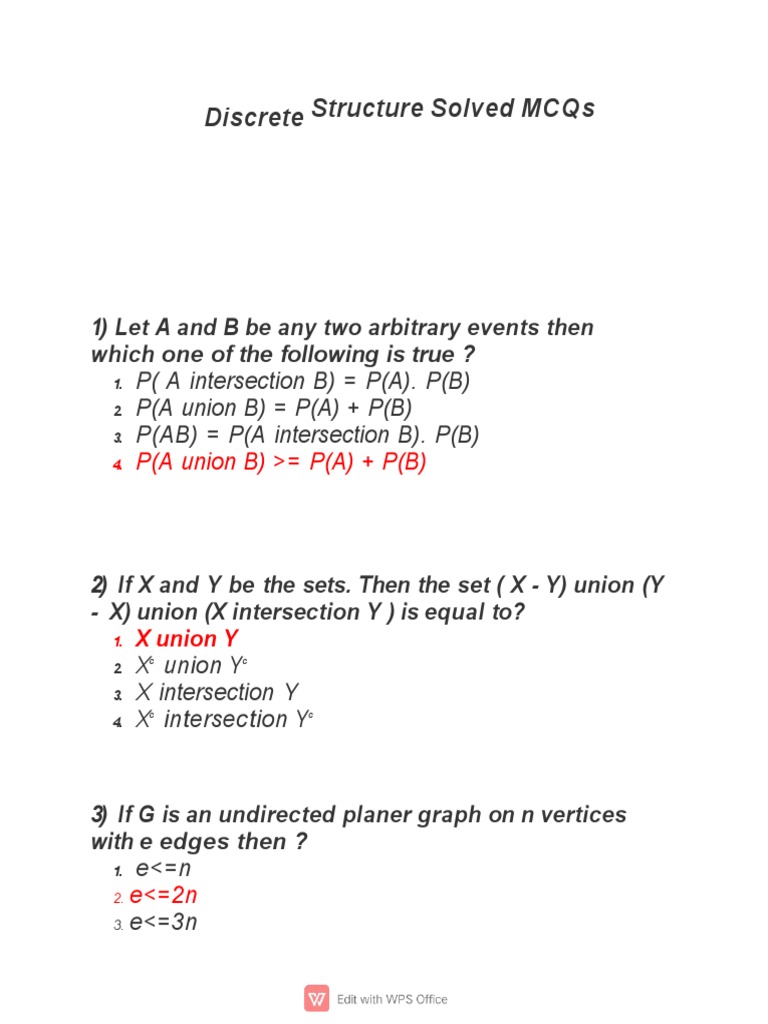 Discrete Structure Solved MCQs | PDF | Vertex (Graph Theory) | Function ...