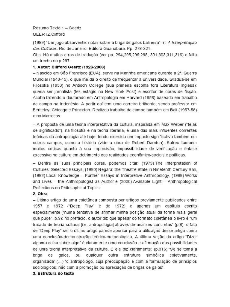 Texto 01 - Geertz - Resumo Um Jogo Profundo - Notas Sobre A Briga de Galos  Balinesa, PDF, Sociologia