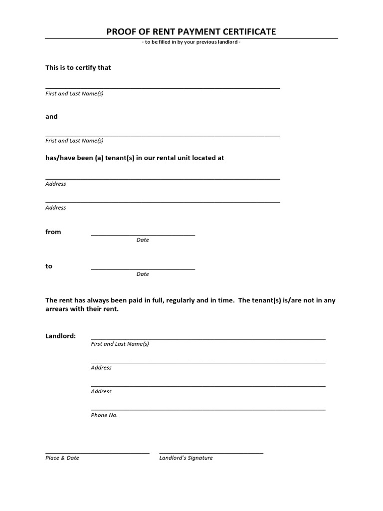 Proof of Rent Payment Certificate Template | PDF