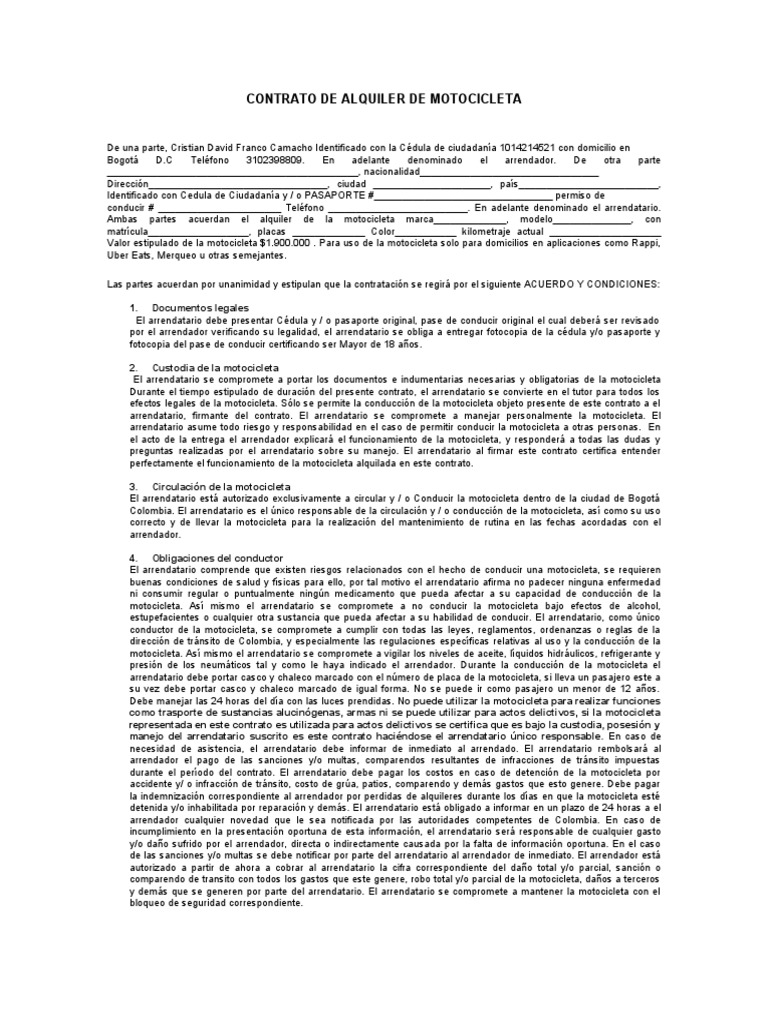 Contrato de Alquiler de Motocicleta | Descargar gratis PDF | Alquiler ...