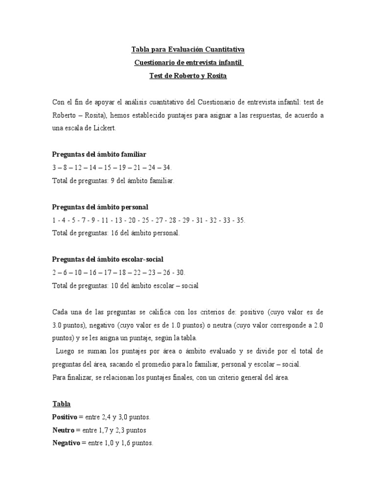 Tabulación Test de Roberto y Rosita | PDF