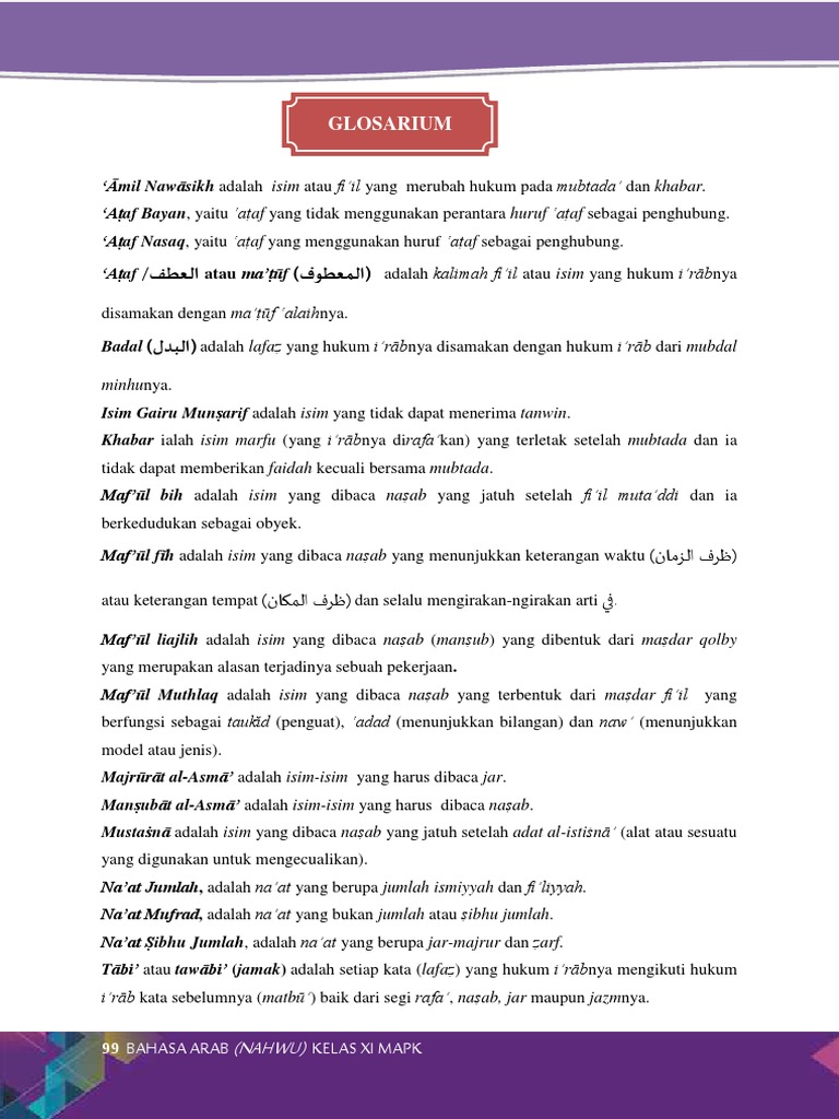 Glosarium Semester 2 Bahasa Arab Minat Kelas XI | PDF