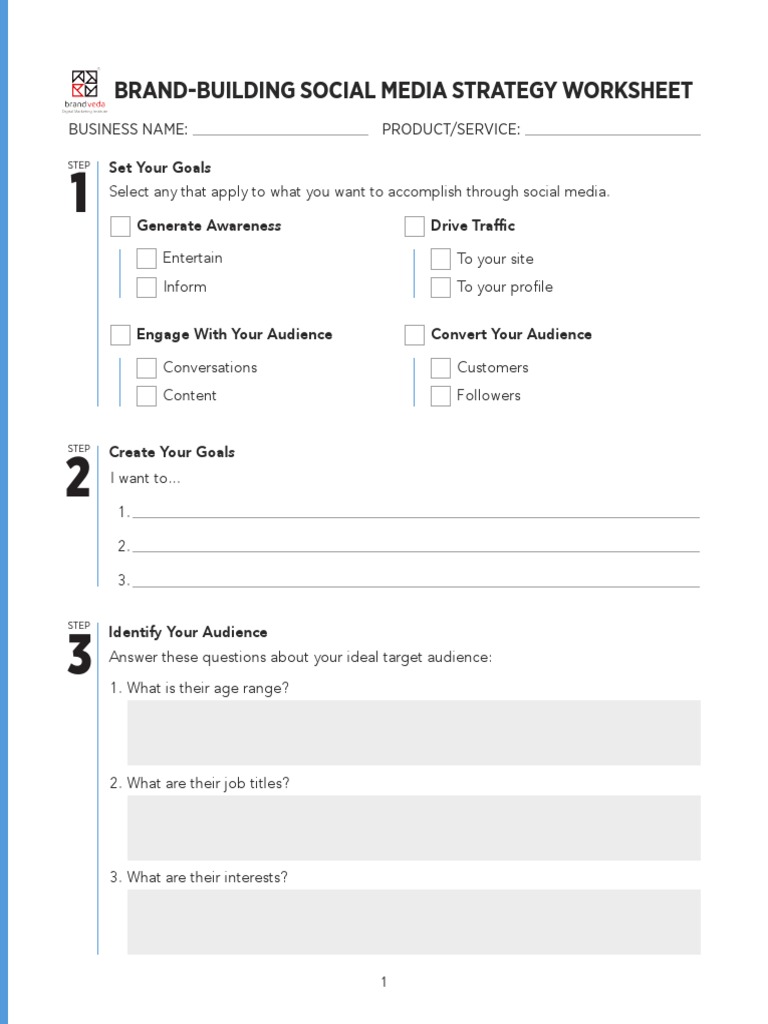 Brand-building social media strategy worksheet with goals and audience planning sections