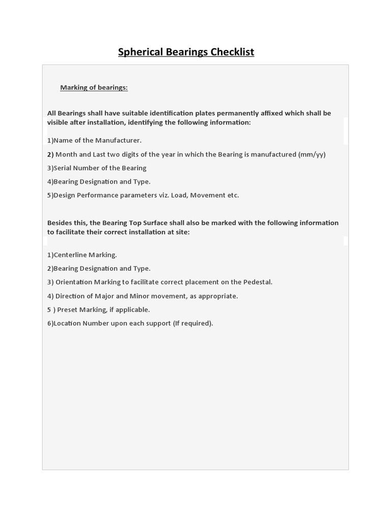 Spherical Bearings Checklist PDF