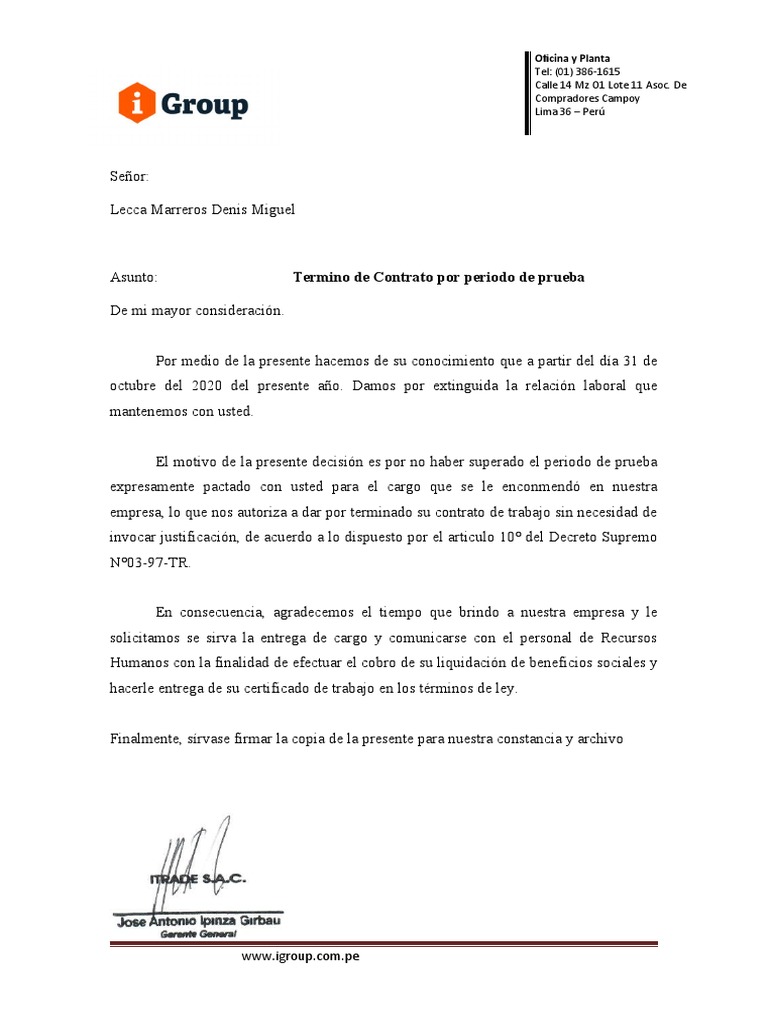 Carta Por No Superar El Periodo de Prueba PDF