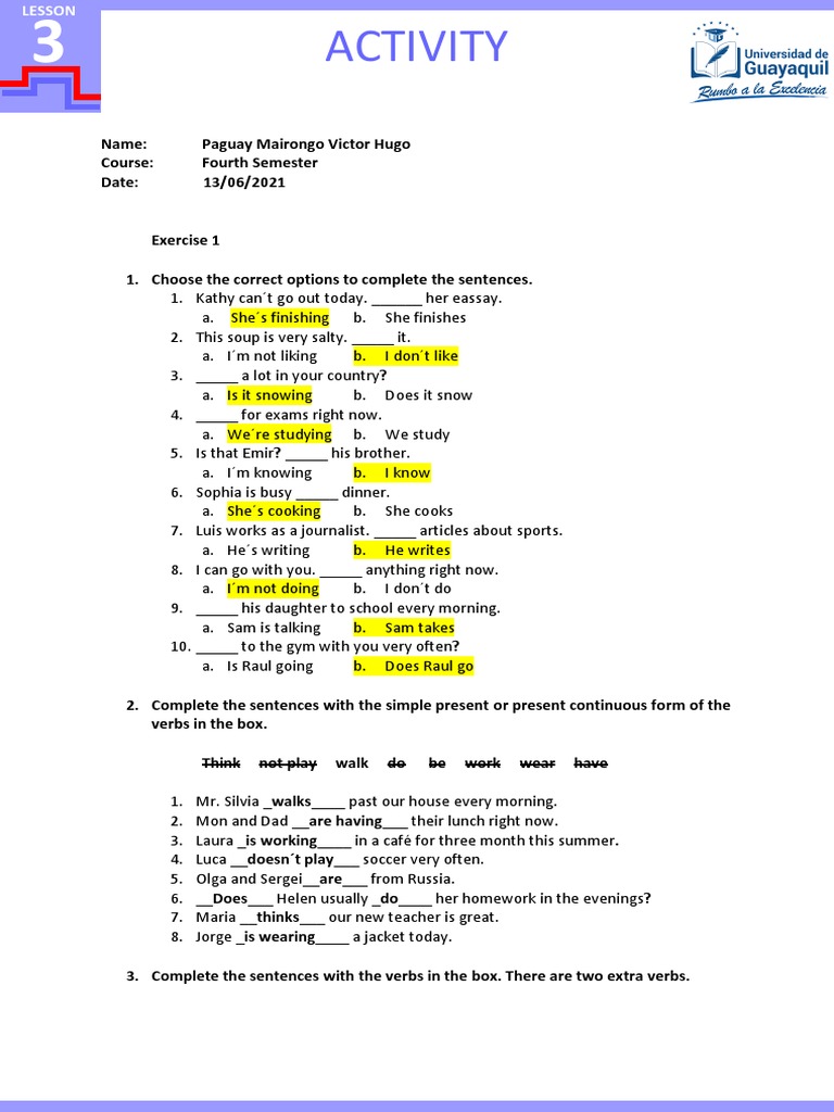 Homework on Present Tenses | PDF