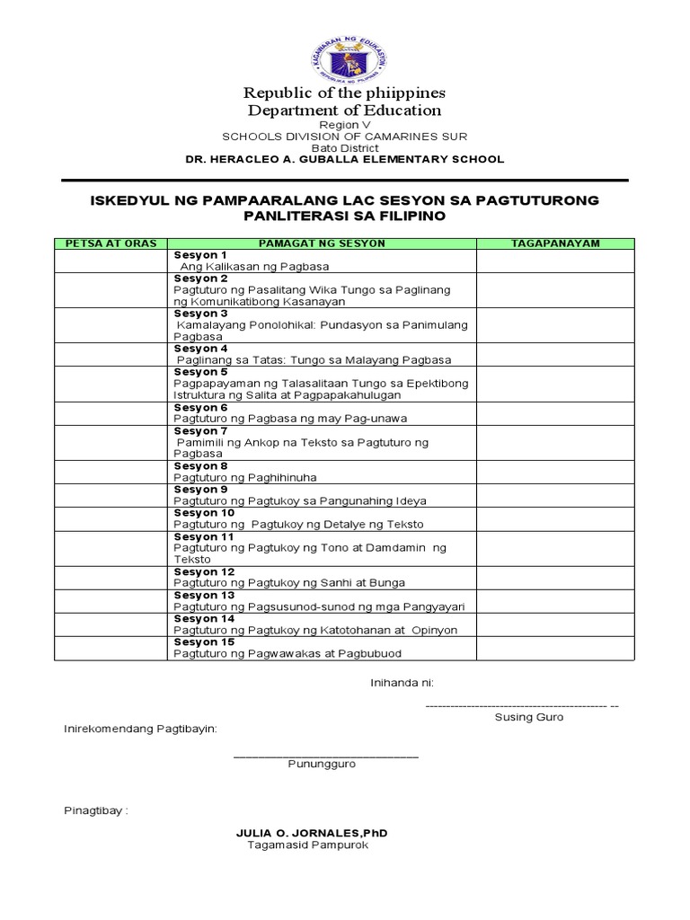 Iskedyul NG Slac Sa Filipino | PDF