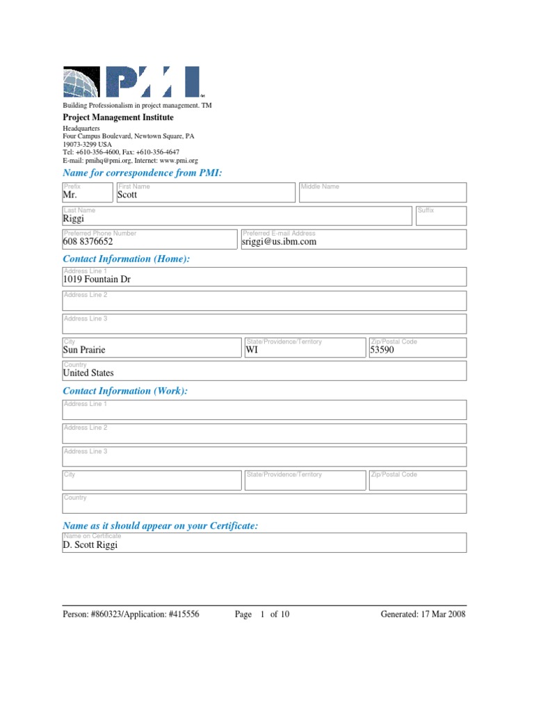 Sample - PMI PMP Application SRiggi 2007 | PDF | Project Management ...
