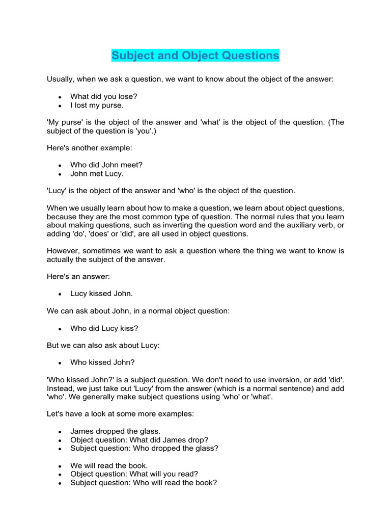 Subject and Object Questions | PDF