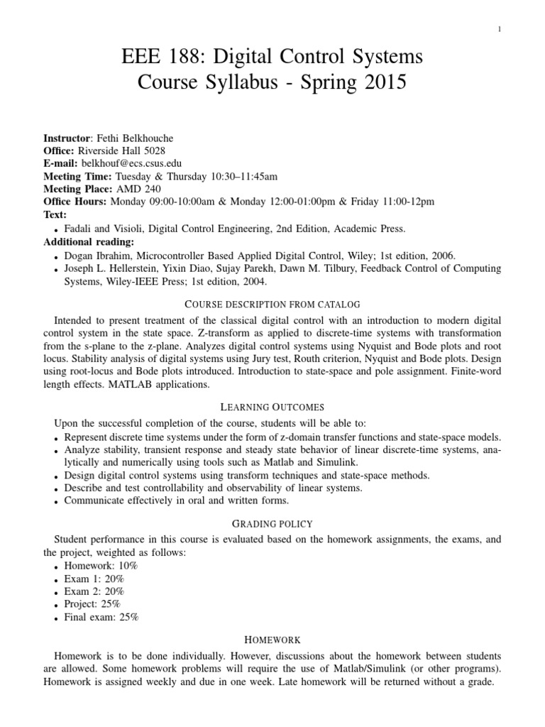 EEE 188 Digital Control Systems Course Syllabus Spring 2015 PDF
