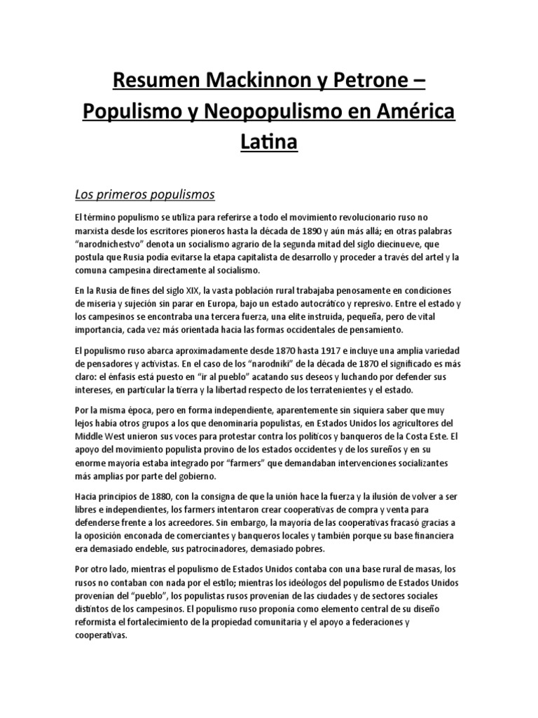 Resumen Mackinnon y Petrone - Populismo y Neopopulismo en América Latina |  PDF | Populismo | Ideologías