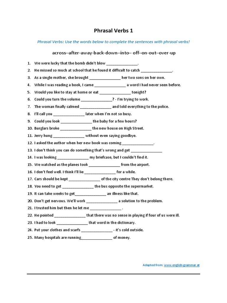 Phrasal Verbs 1: Across-After-Away-Back-Down-Into - Off-On-Out-Over-Up ...
