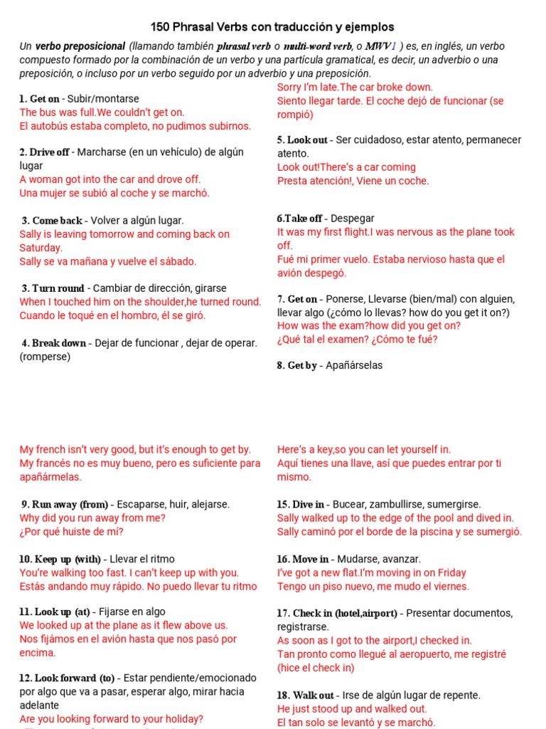 150 Phrasal Verbs Con Traducción Y Ejemplos Pdf Tipología