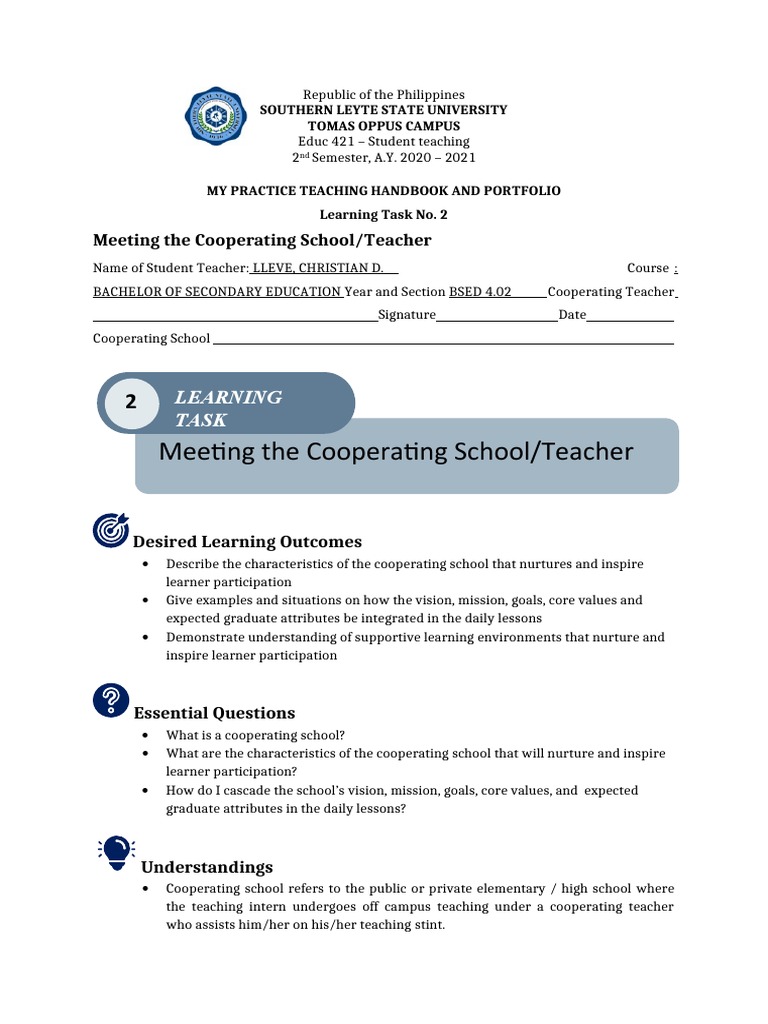 Meeting The Cooperating School/Teacher: Learning Task | PDF | Teachers ...