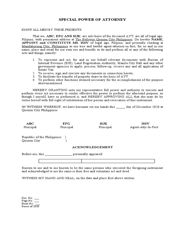 Special Power of Attorney: APPOINT and CONSTITUTE MS. ISSV of Legal Age ...