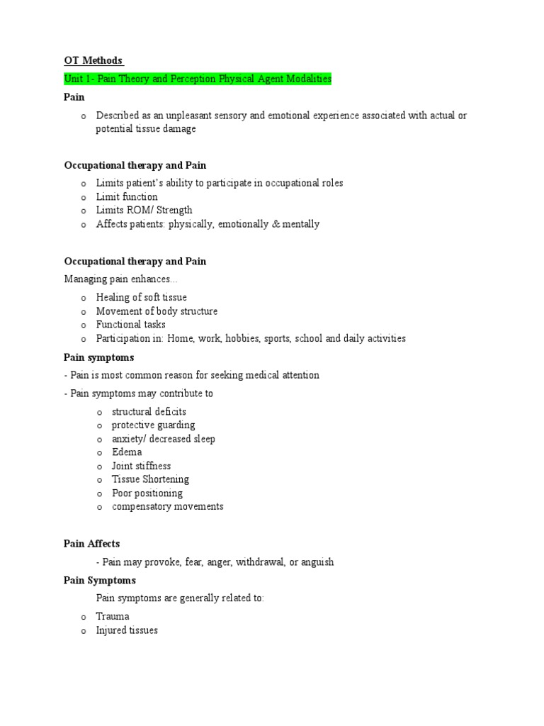 Unit 1 OT Methods Notes | PDF | Chronic Pain | Pain