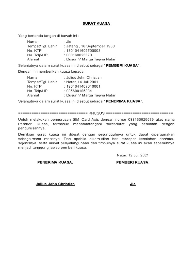 Surat Kuasa Sim Card XL PDF