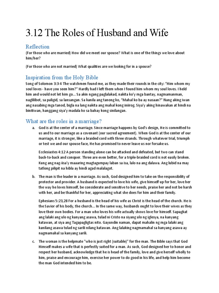 Biblical Roles of Husband and Wife | PDF | Marriage | Religious ...