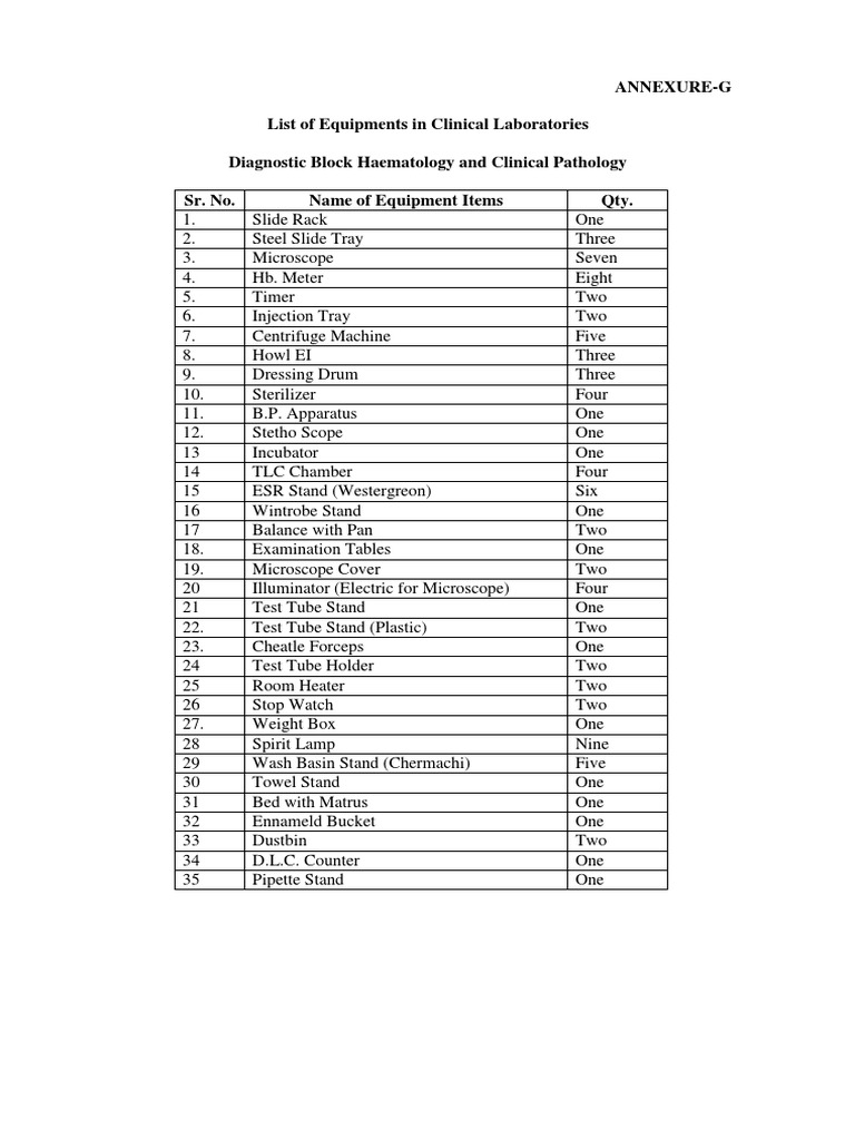 AnnexureG List of Equipments in Clinical Laboratories Diagnostic Block