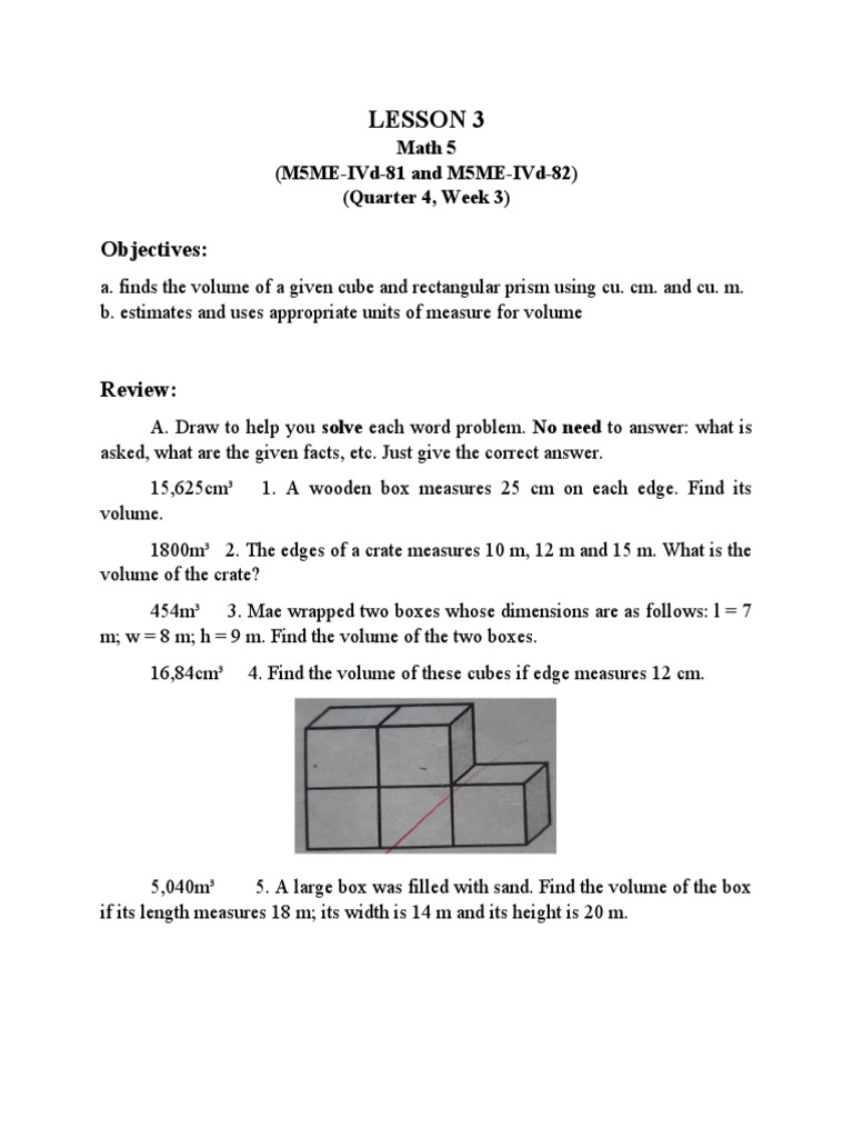 Supplementary Material in Math 5 Quarter 4 Week 3 | PDF | Volume | Length