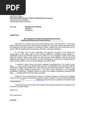 Letter Request-Metrobank-Credit Card Debt Restructuring