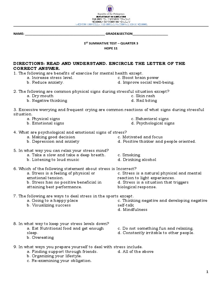 Grade 11 PE 1st Quarter Exam Review | PDF | Physical Fitness | Stress ...