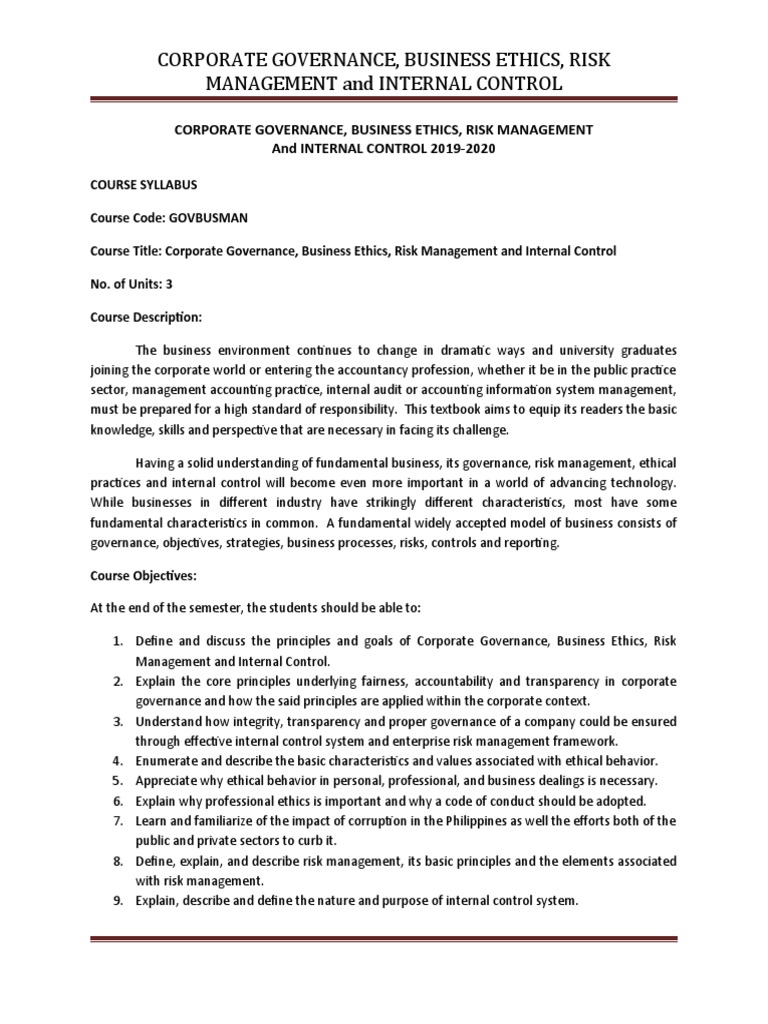 Corporate Governance and Ethics Syllabus | PDF | Internal Control ...