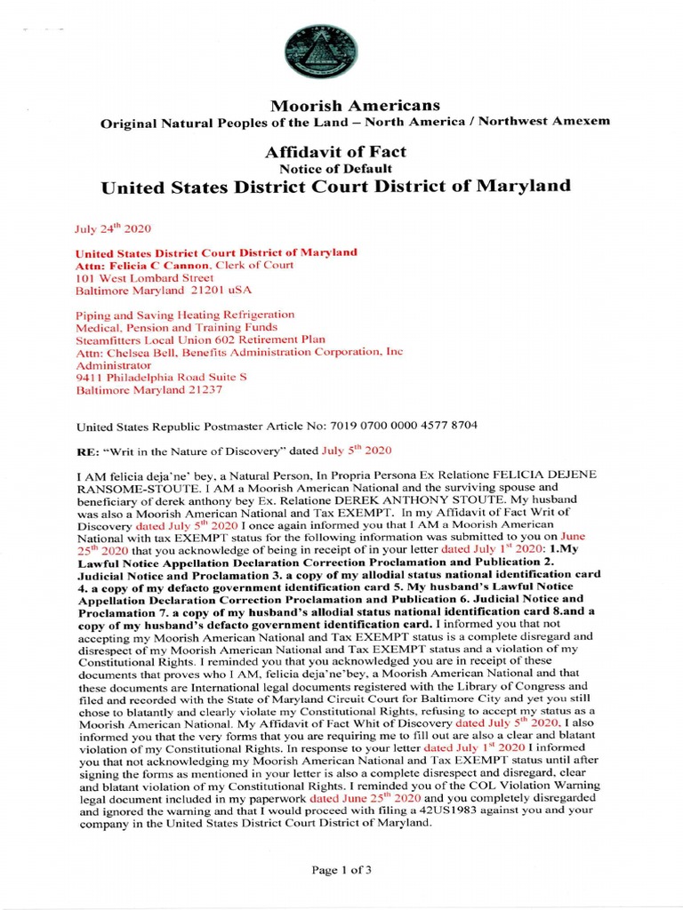 Affidavit of Fact STEAMFITTERS UNION LOCAL 602 HEATING PIPING and