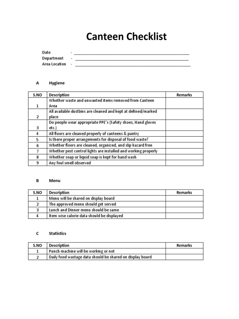 Canteen Checklist: A Hygiene | PDF | Safety | Foods