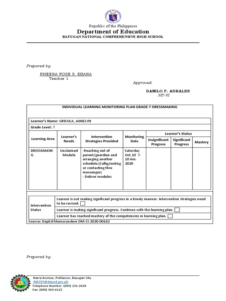 Grade 7 Dressmaking Learning Plan | PDF