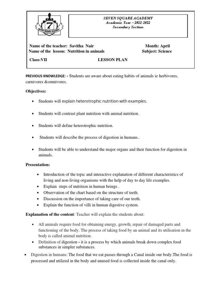Class 7 Lesson Plan: Nutrition in Animals | PDF | Digestion ...