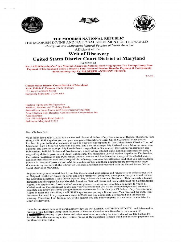 affidavit of fact writ of discovery STEAMFITTERS UNION LOCAL 602