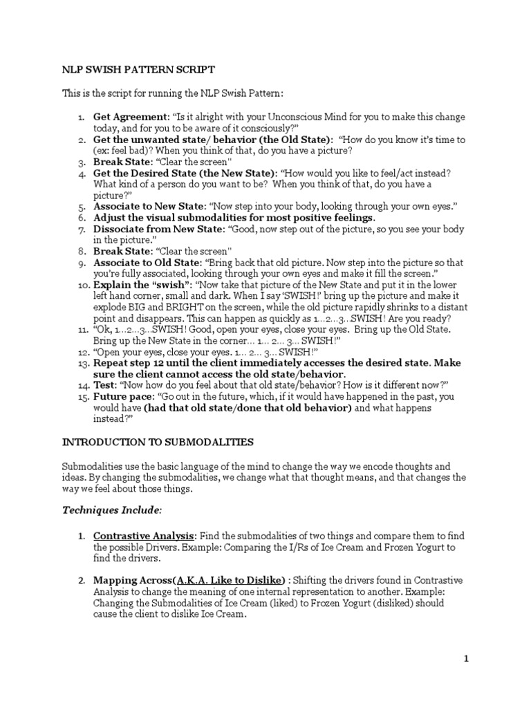 NLP Swish Pattern Script Techniques Include PDF Dissociation (Psychology) Hypnosis