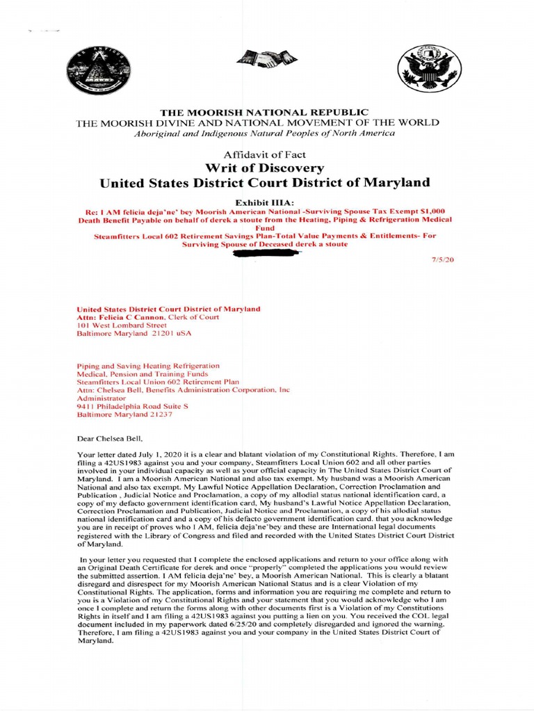 Affidavit of Fact Writ of discoverySTEAMFITTERS UNION LOCAL 602