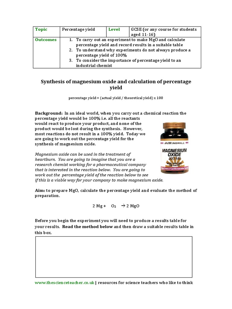 Synthesis of Magnesium Oxide and Calculation of Percentage Yield PDF