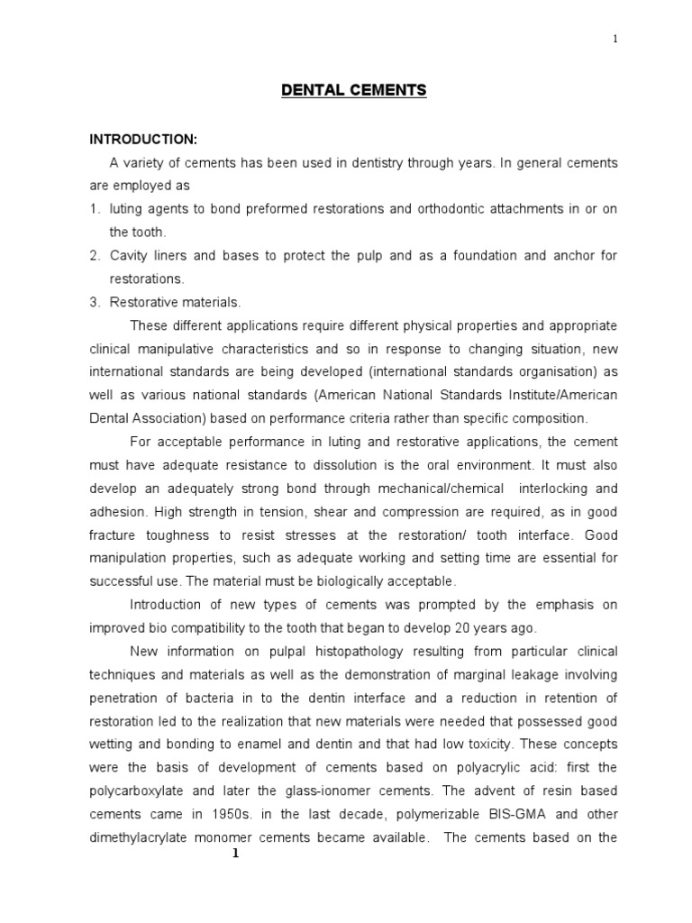 A Comprehensive Overview of Dental Cements Their Classifications, Properties, Applications and