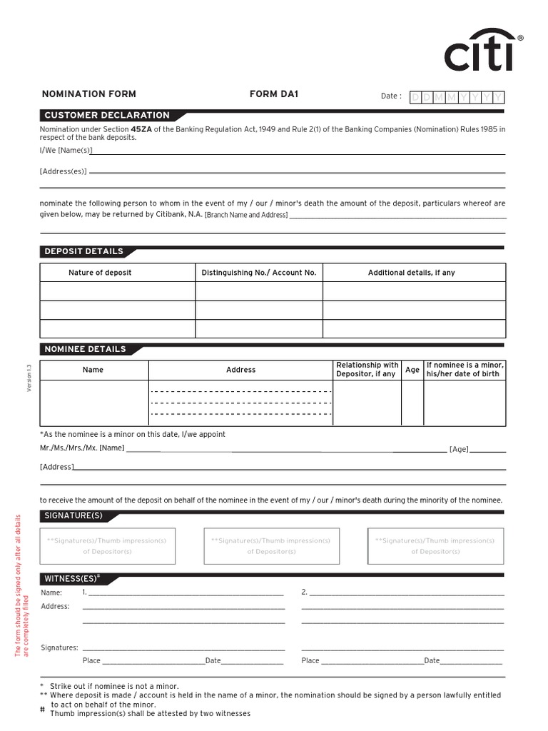 Citibank Nomination Form | PDF | Deposit Account | Banks
