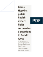 Johns Hopkins Public Health Expert Fields Coronavirus Questions in Reddit AMA