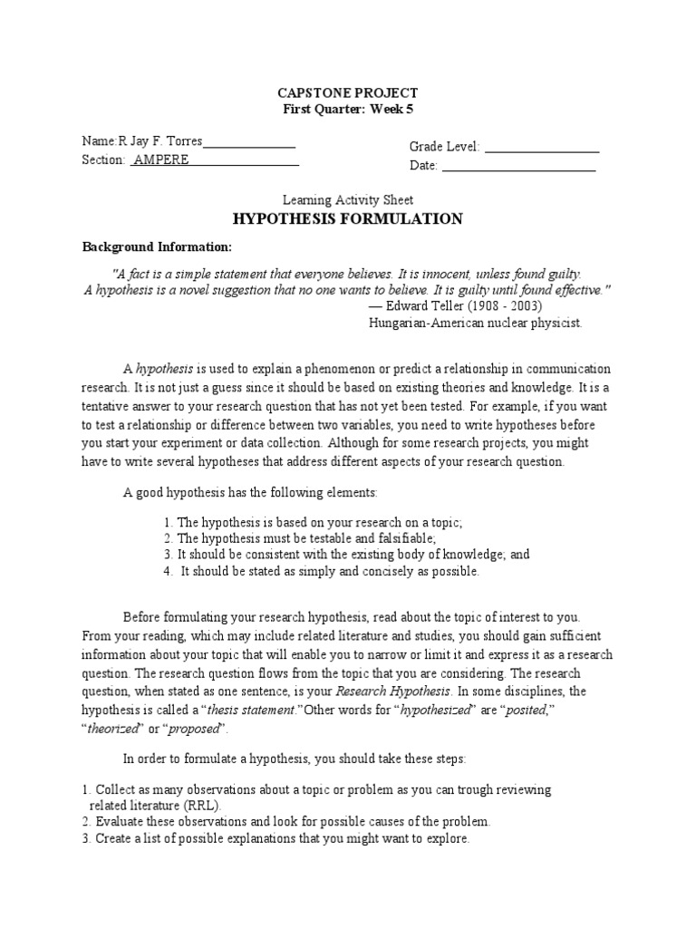 Hypothesis Formulation Capstone Project First Quarter Week 5 PDF