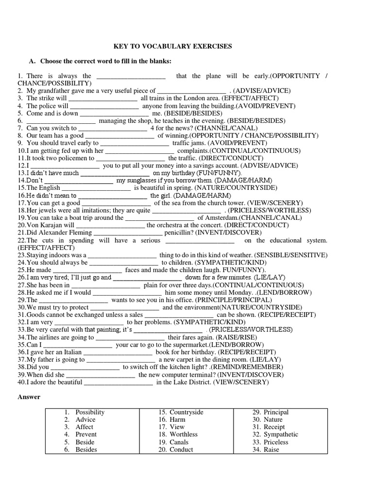 Vocabulary Exercises and Answers | PDF