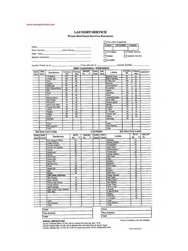 Hotel Laundry List Sample PDF