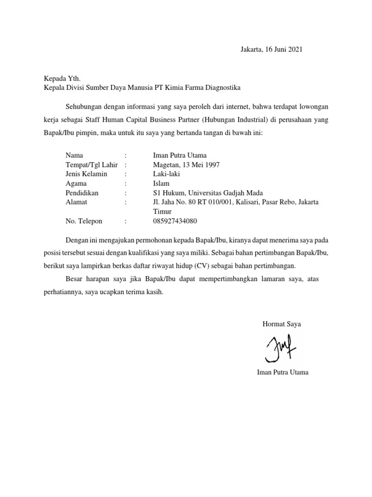 Surat Lamaran PT Kimia Farma Diagnostika (Iman Putra Utama) | PDF