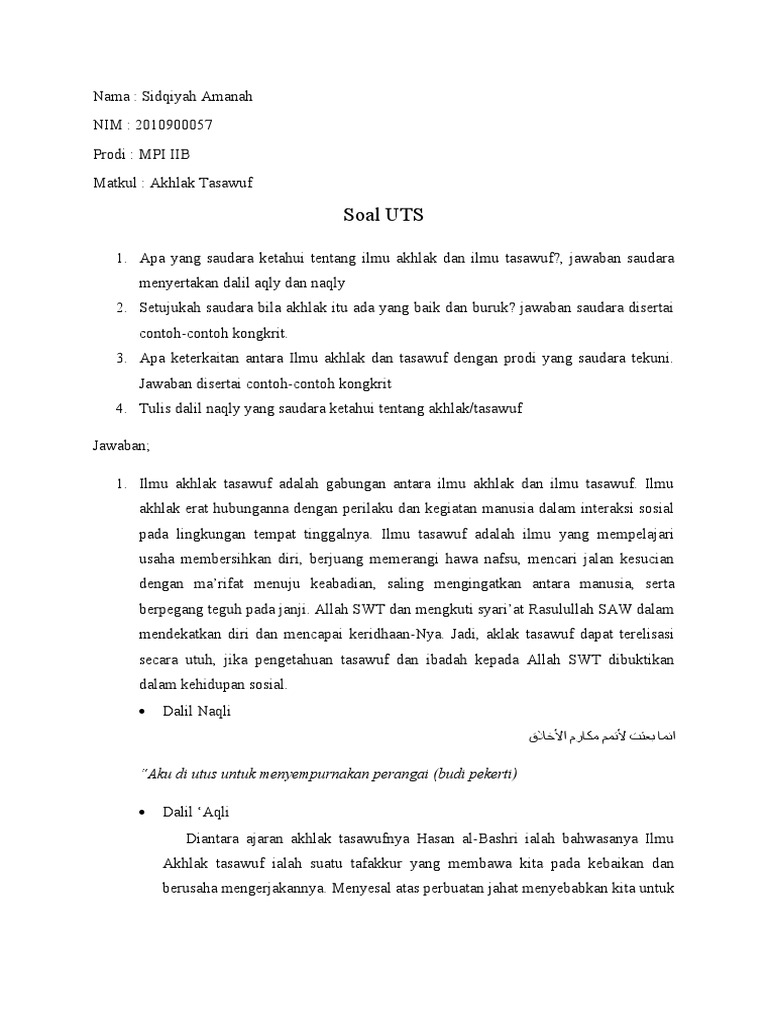 Sidqiyah Amanah 2010900057 Uts Akhlak Tasawuf Pdf