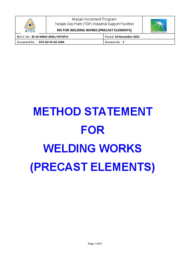 MS Welding Method Statement for Precast | PDF | Welding | Construction