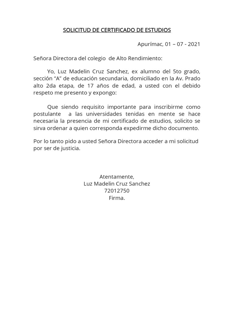 Solicitud de Certificado de Estudios | PDF