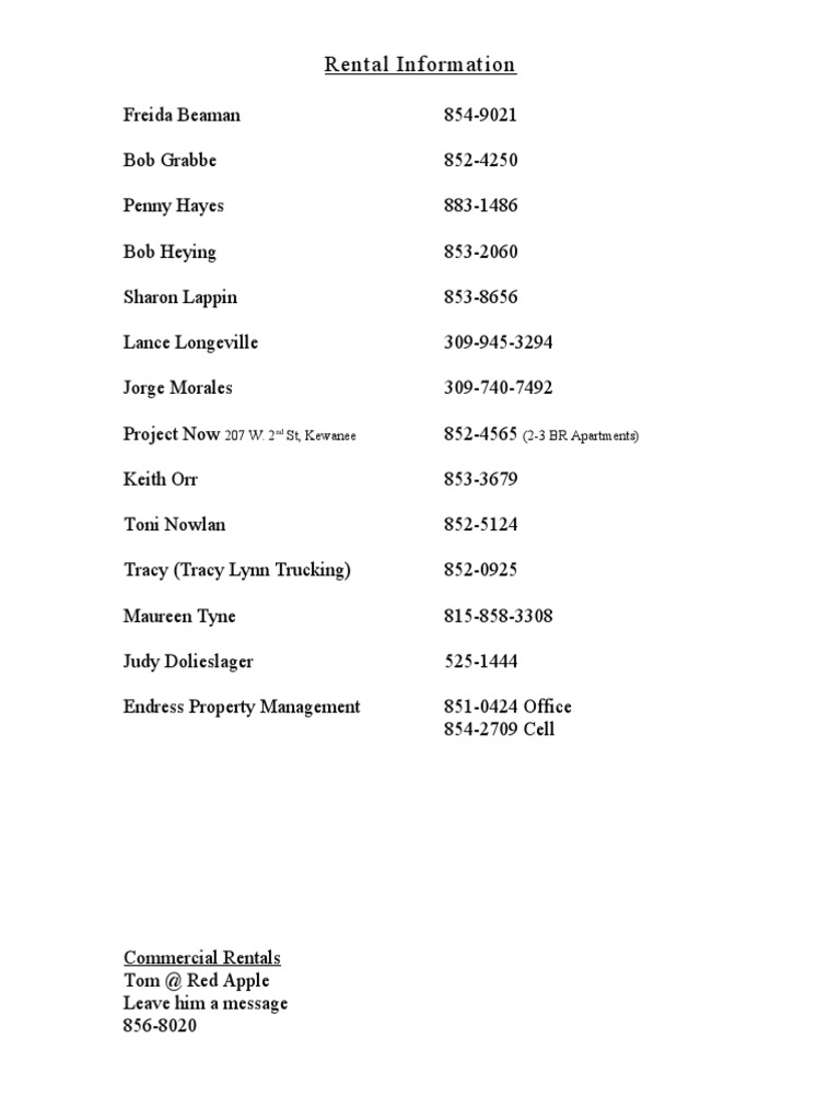 Kewanee Rental Contact Information | PDF