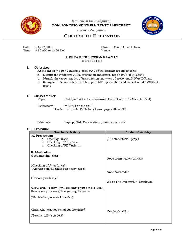 Health Lesson Plan PDF Transmission (Medicine) Hiv/Aids