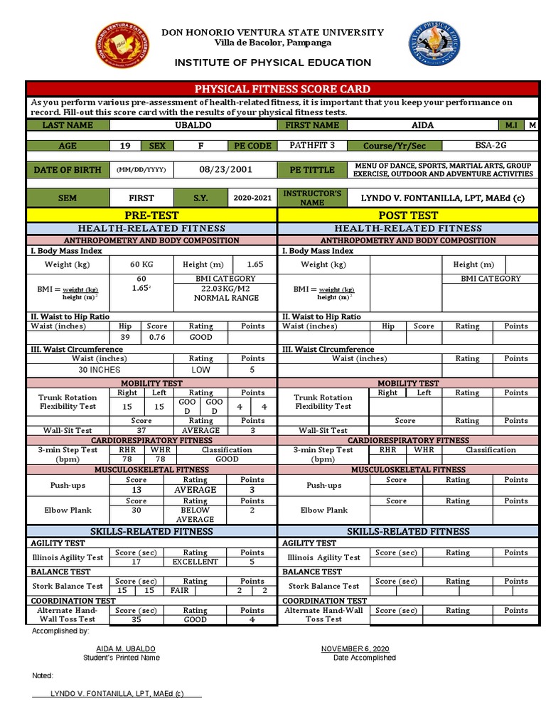 Physical Fitness Score Card 2020 | PDF | Waist | Body Mass Index