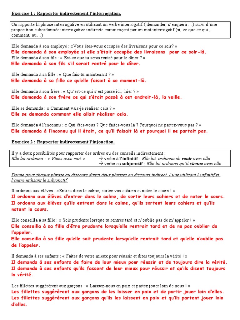 Exercice Discours Direct Indirect Indirect Libre Exercices Sur Les Paroles Rapportees | PDF | Clause | Phrase